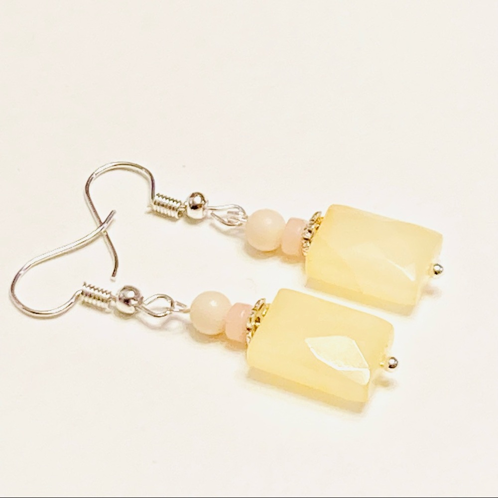 Cream & a Hint of Baby Yellow Aventurine Stone & Rose Quartz Crystal Earrings